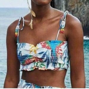 House Of Harlow 1960 Parrot Smocked Linen Bandeau With Beaded Tassels
